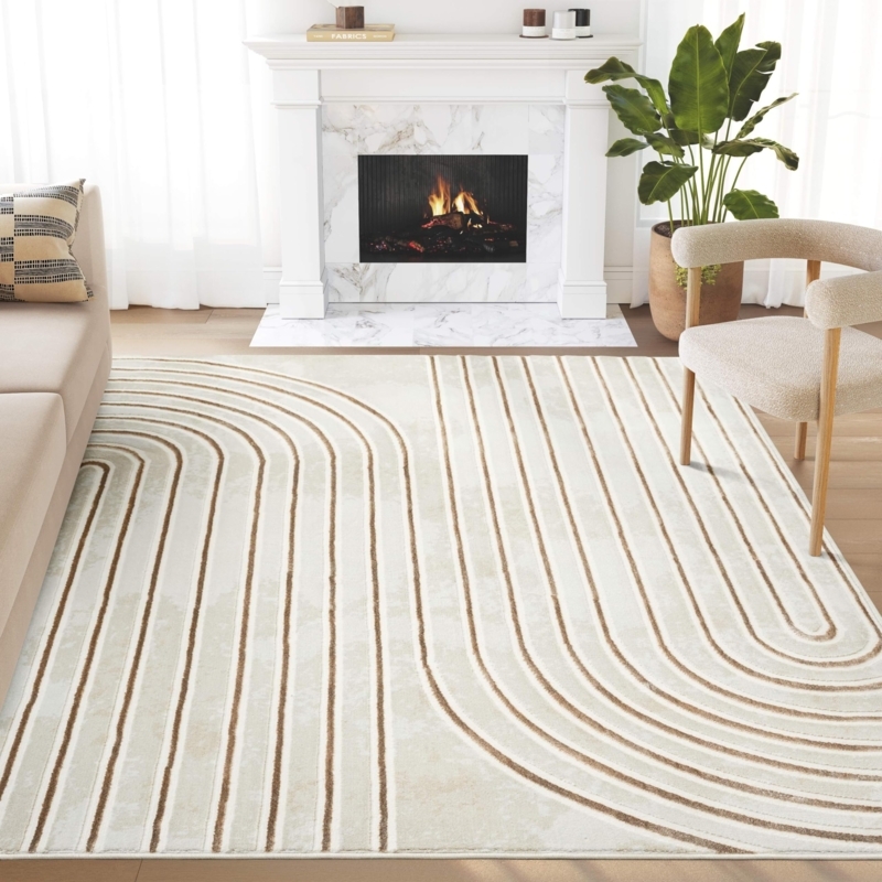 Area Rug Abstract Swirl Pattern Neutral Beige Cream Living Room Decor