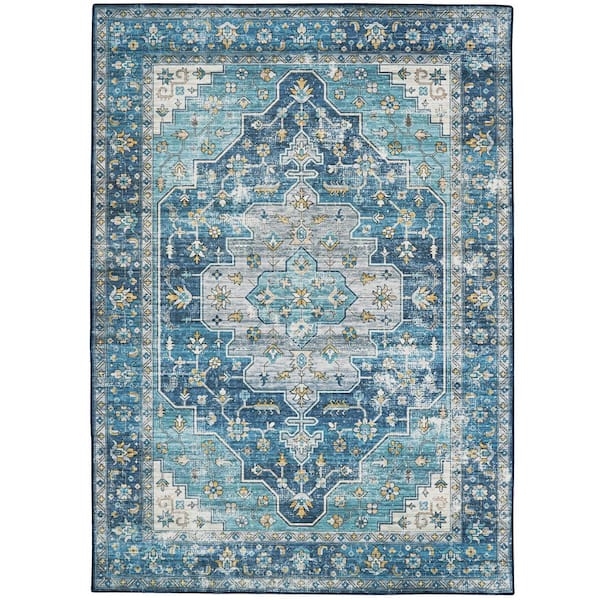 Area Rug Abstract Teal Painterly Pattern Mid Century Modern Style