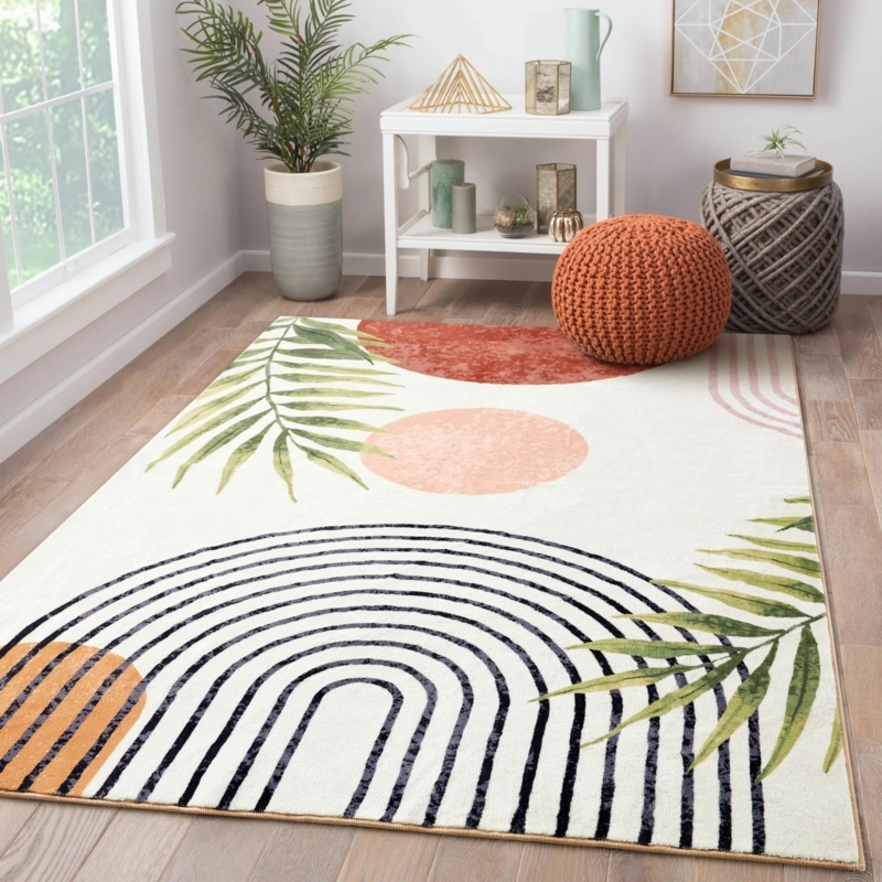 Area Rug Abstract Tropical Leaves Sage Green Washable Boho Chic