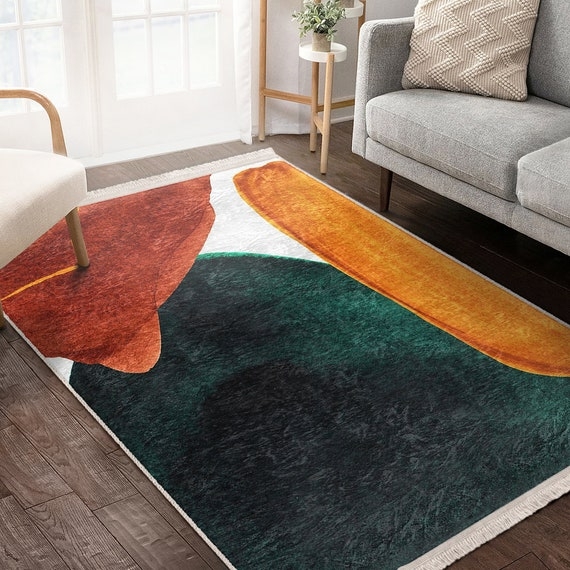 Area Rug Abstract Watercolor Pattern Blue Low Profile Minimalist