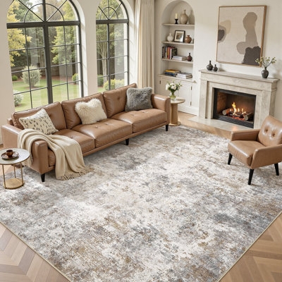 Area Rug: Abstract Watercolor Wash with Rust Accents, Modern Low Pile.