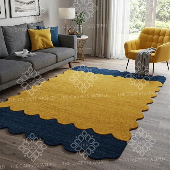 Area Rug Abstract Wool Like Scalloped Edge Navy Mustard Tufted