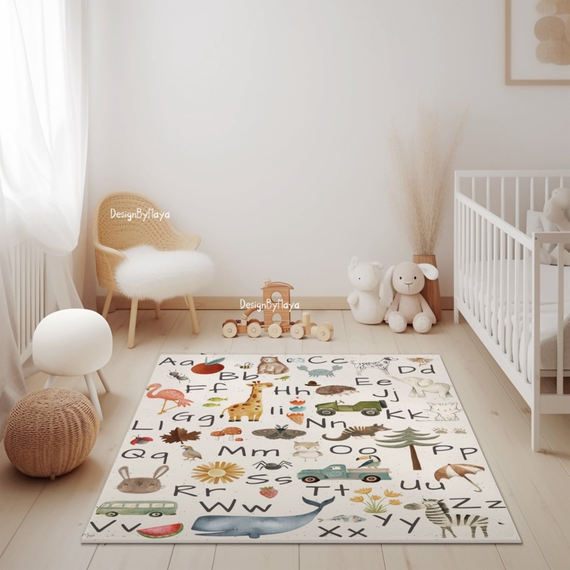 Area Rug Alphabet Border Educational Animal World Map