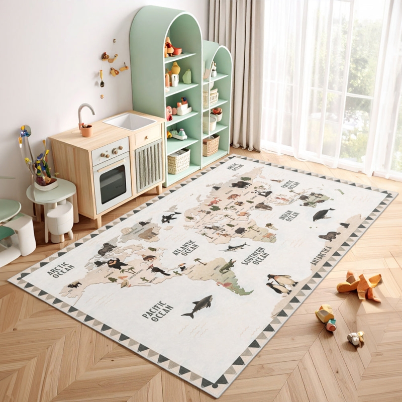 Area Rug Animal Map Design Cream Base Printed Pattern