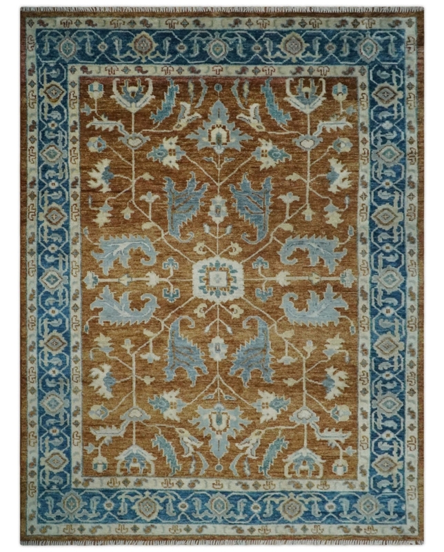 Area Rug Antique Look Rust and Blue Large Medallion Wool