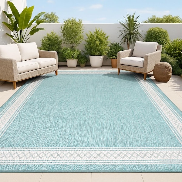 Area Rug Aqua Diamond Lattice Gray Border Coastal Patio Deck