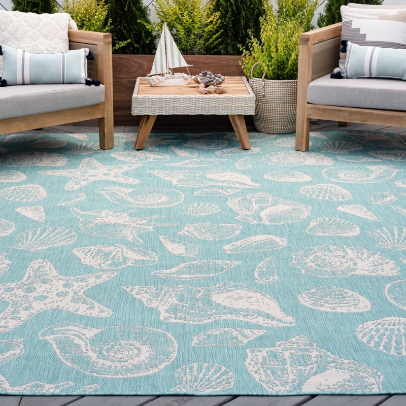 Area Rug Aqua Diamond Lattice Water Resistant Coastal Deck
