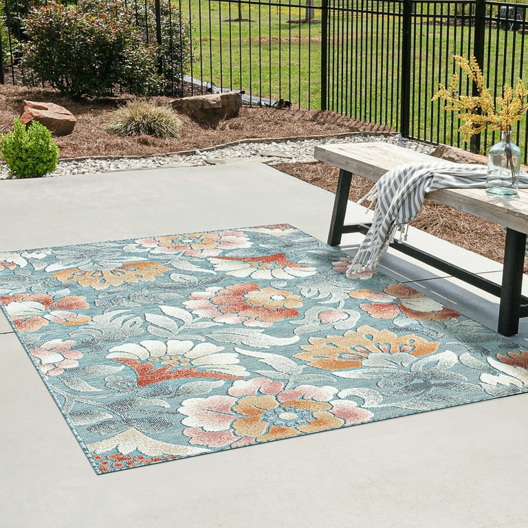 Area Rug Aqua Floral All Weather Water Resistant Coastal Deck