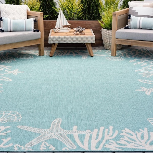 Area Rug: Aqua Floral Damask Scrollwork, Traditional Patio Mat