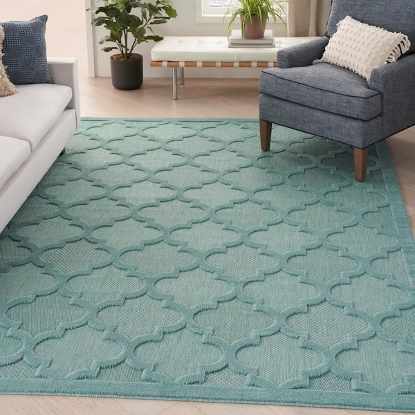 Area Rug Aqua Trellis Pattern Flatweave Coastal Outdoor Patio