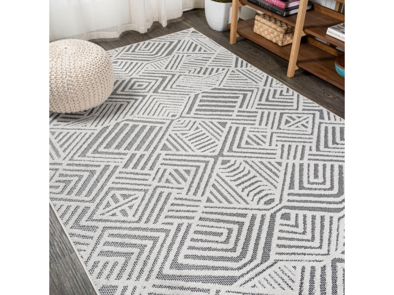 Area Rug Art Deco Geometric High-Low Pile Navy Gray Modern Patio