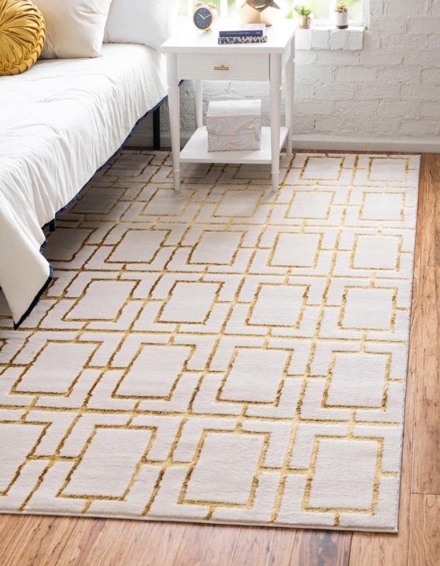 Area Rug Art Deco Scale Pattern Metallic Gold Glam White Gold Rug
