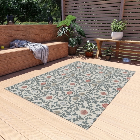 Area Rug Art Nouveau William Morris Floral Flat Weave Navy Copper