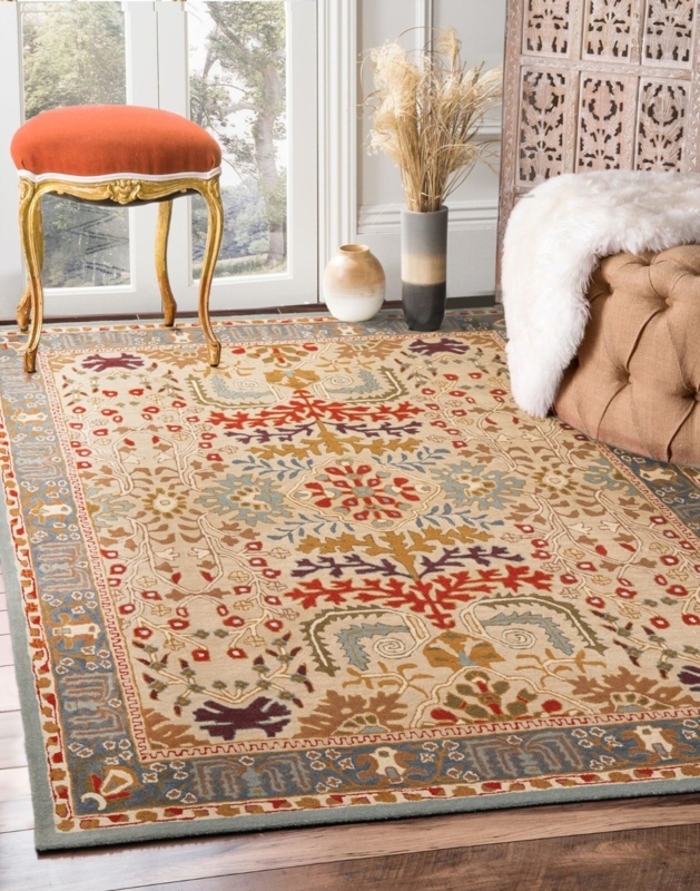 Area Rug Arts and Crafts Navy Blue Botanical Vintage Style Wool