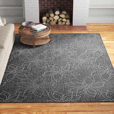 Area Rug, Ash Gray Oversized Floral Print, Indoor Outdoor Utility