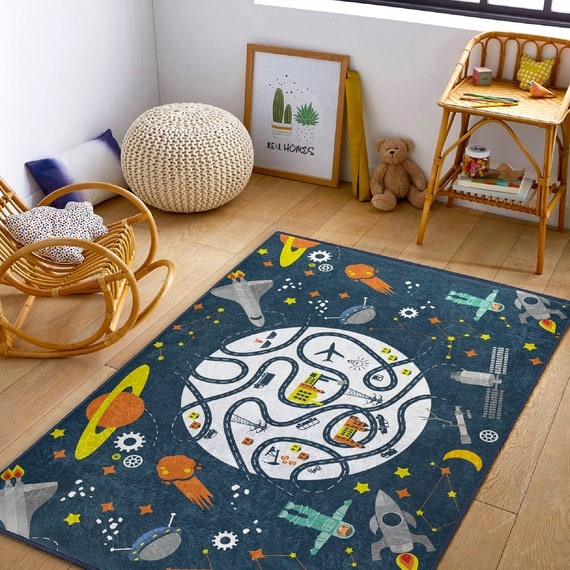 Area Rug Astronaut Motif Navy Blue Outer Space Decor