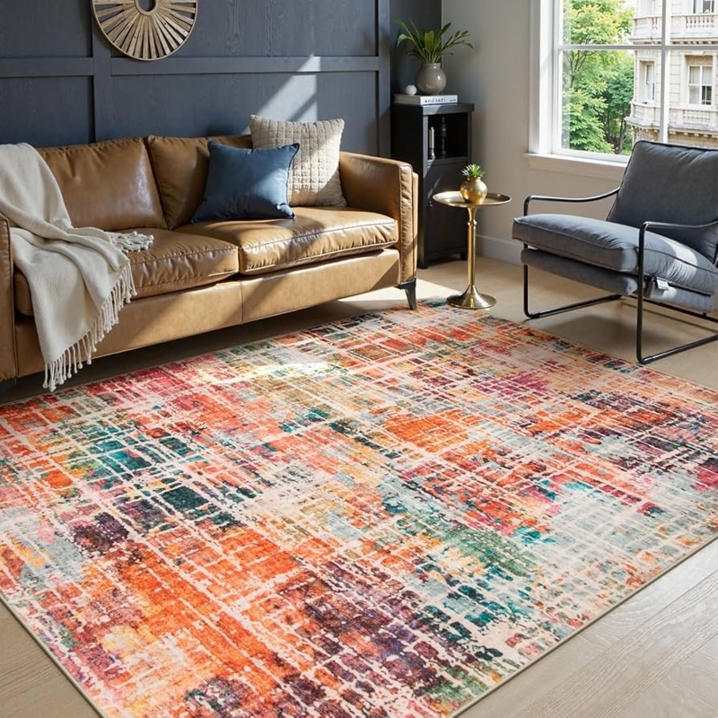 Area Rug Asymmetrical Abstract Blue & Mustard, Geometric Design