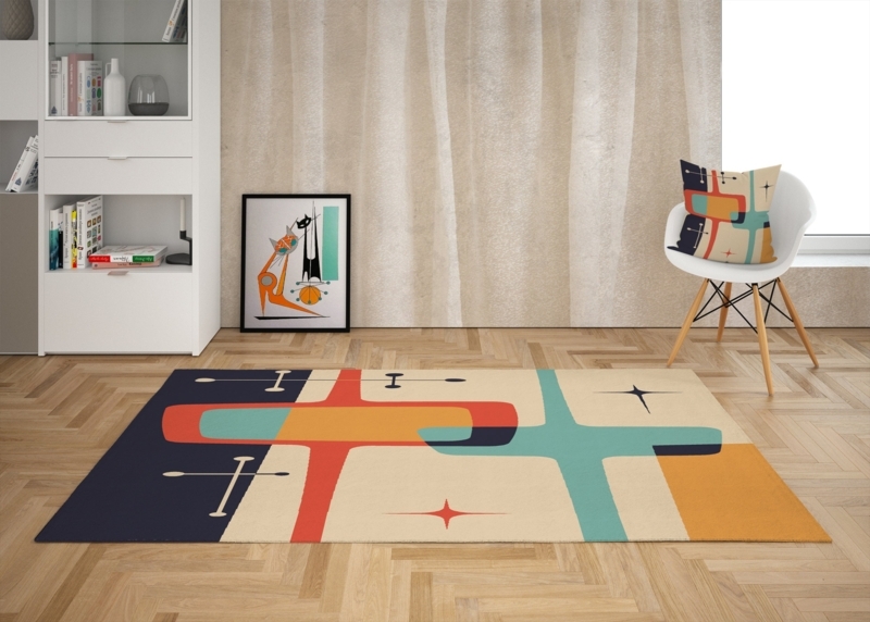 Area Rug Atomic Starburst Pattern Teal Beige Retro MCM Low Pile