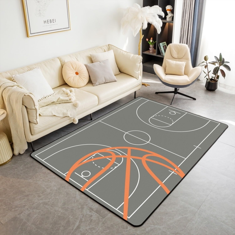 Area Rug Basketball Court Graphic Monochrome Sports Theme