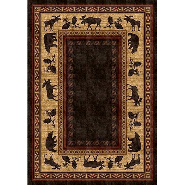 Area Rug Bear And Elk Motif Hunter Green Border Geometric Lodge