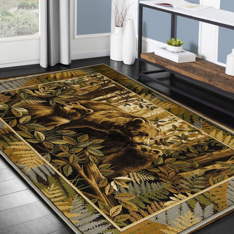 Area Rug Bear Motif Forest Border Pictorial Design Lodge