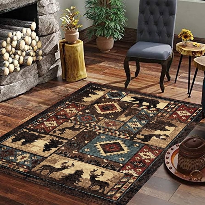 Area Rug Bear Motifs Geometric Border Deep Red Forest Green