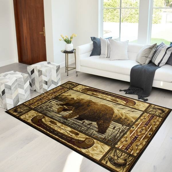 Area Rug Bear Silhouette Southwestern Geometric Border Lodge