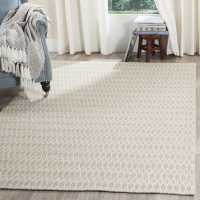 Area Rug, Beige and Ivory Geometric Trellis, Low Profile Flatweave