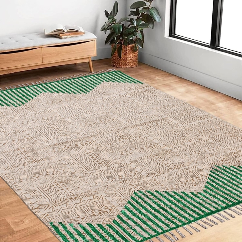 Area Rug Beige Black Striped Pattern Fringed Edges Modern Farmhouse
