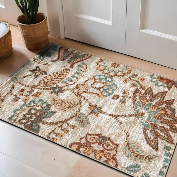 Area Rug Beige Blue Floral Medallion Vintage Style Multi Border