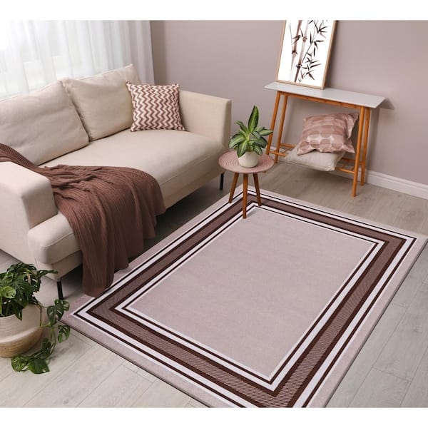 Area Rug Beige Brown Multi Border Transitional Entryway Runner