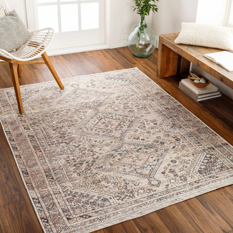 Area Rug Beige Charcoal Transitional Central Medallion Distressed