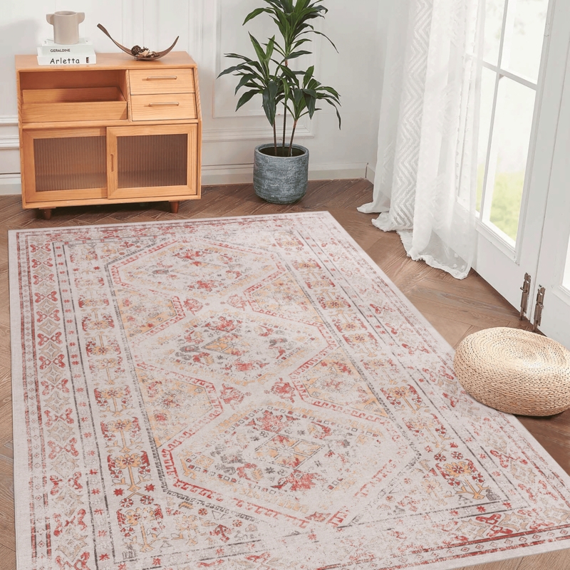 Area Rug Beige Distressed Faded Pattern Washable Fabric Farmhouse