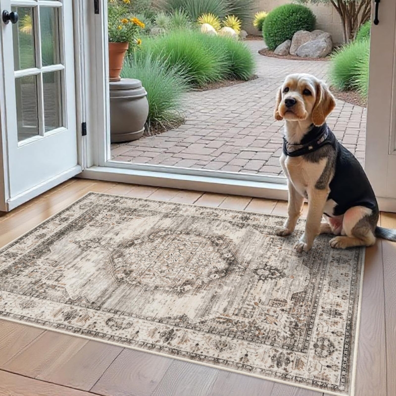 Area Rug Beige Distressed Floral Medallion Washable Entryway