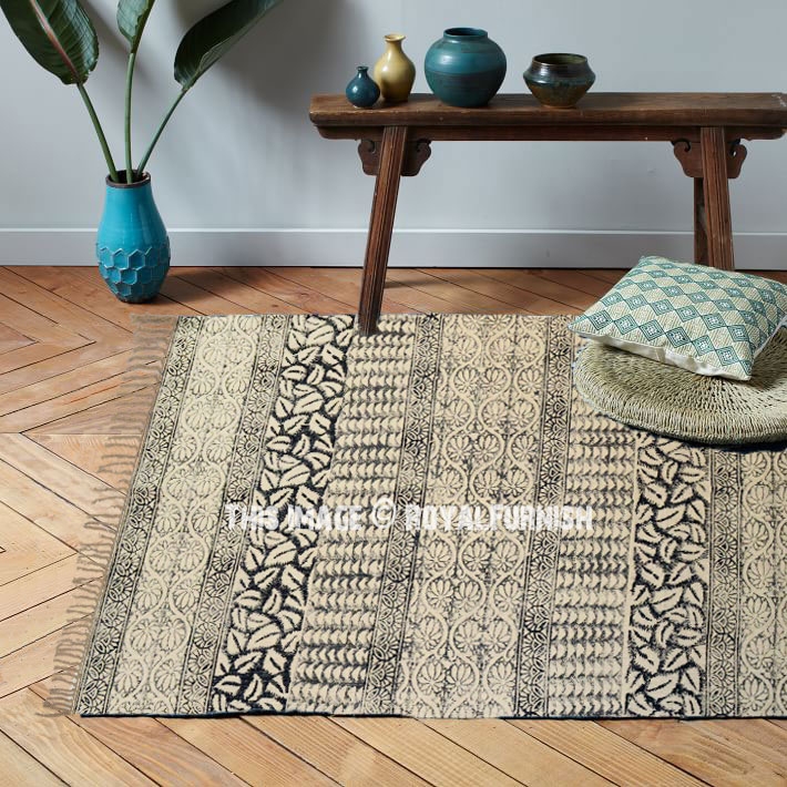 Area Rug Beige Floral Printed Kilim Dhurrie Traditional Boho Style