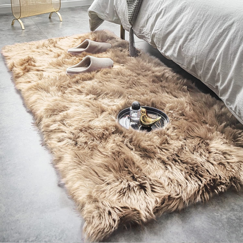 Area Rug Beige High Pile Shag Faux Sheepskin Texture Modern Glam