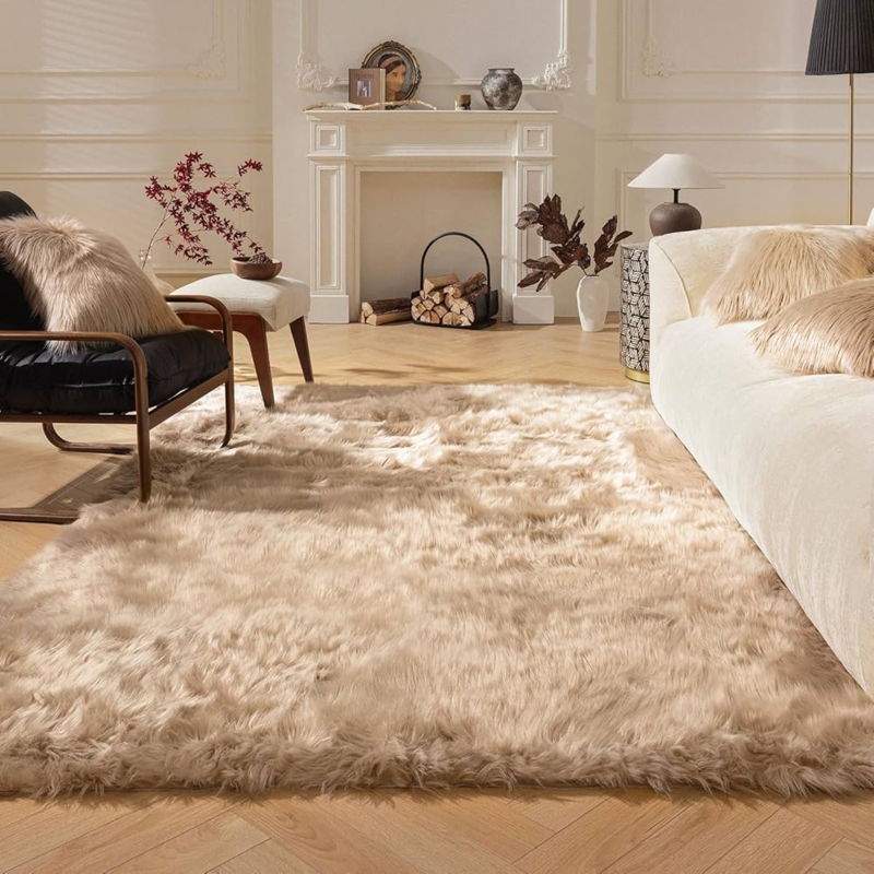 Area Rug Beige Neutral Tone Long Faux Fur Pile Shaggy Soft Surface