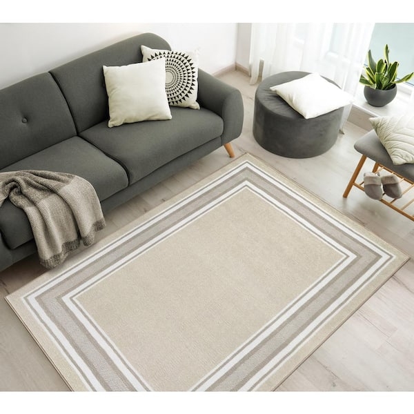 Area Rug Beige Tan Bordered Low Profile Minimalist Entryway