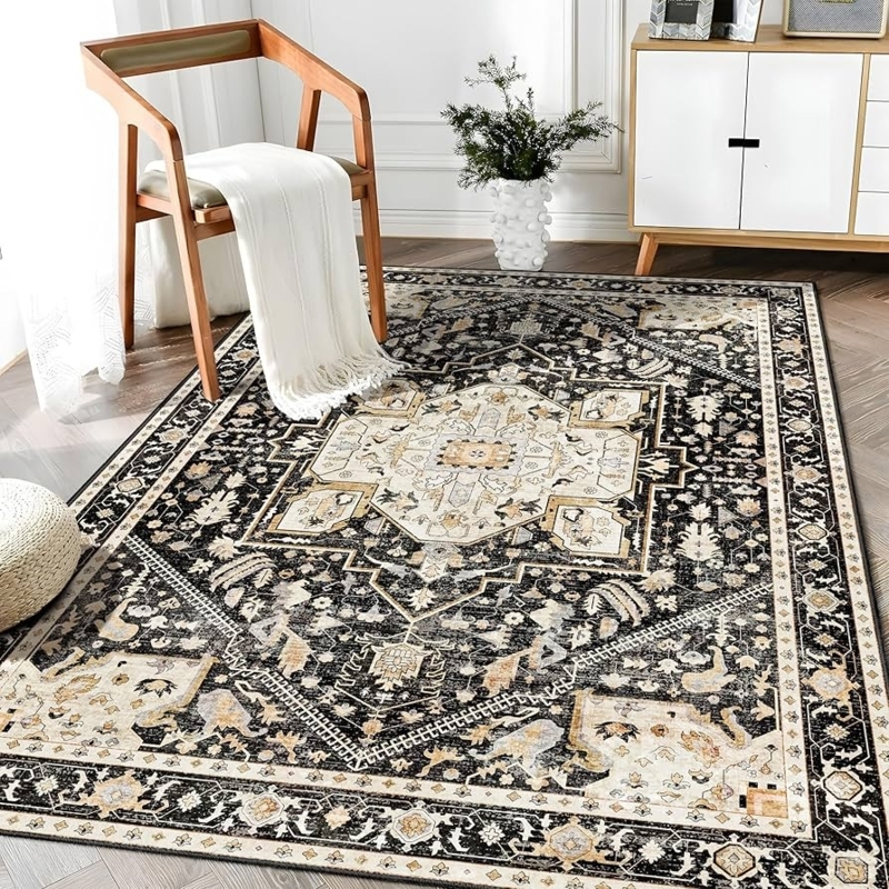 Area Rug Black and Gold Contrast Intricate Floral Border Boho Style