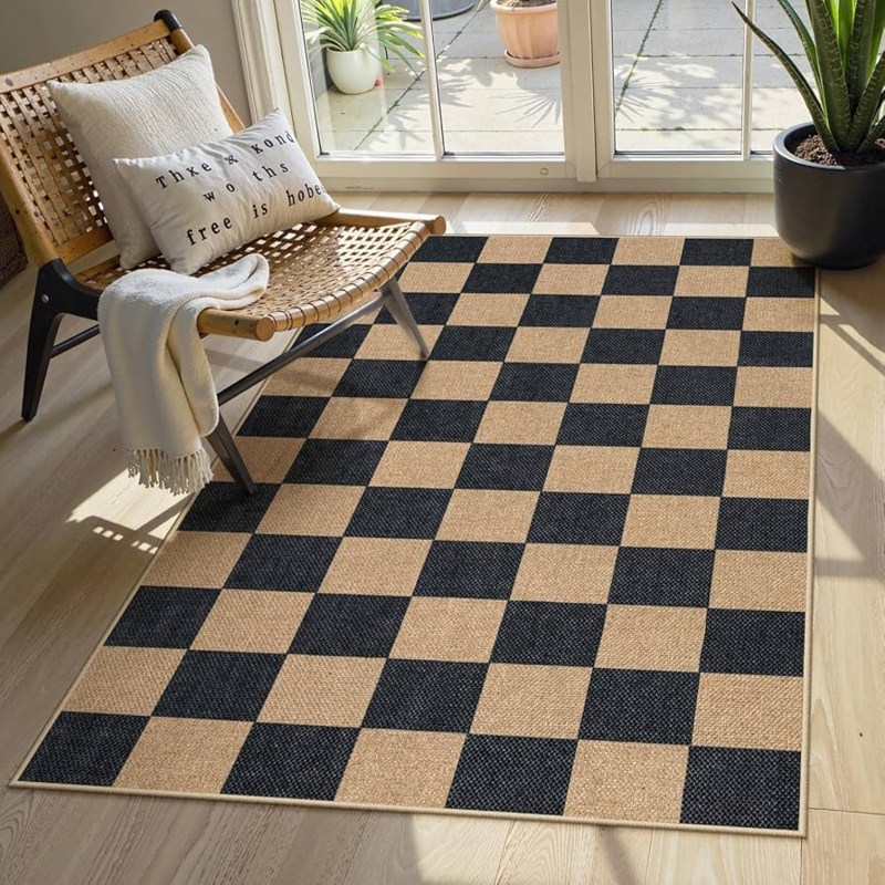 Area Rug: Black And Tan Woven Jute-Like Texture Low Pile Farmhouse