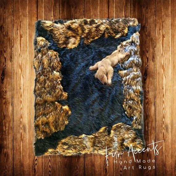 Area Rug Black Bear Shape Faux Fur Rustic Lodge Decor Two Toned