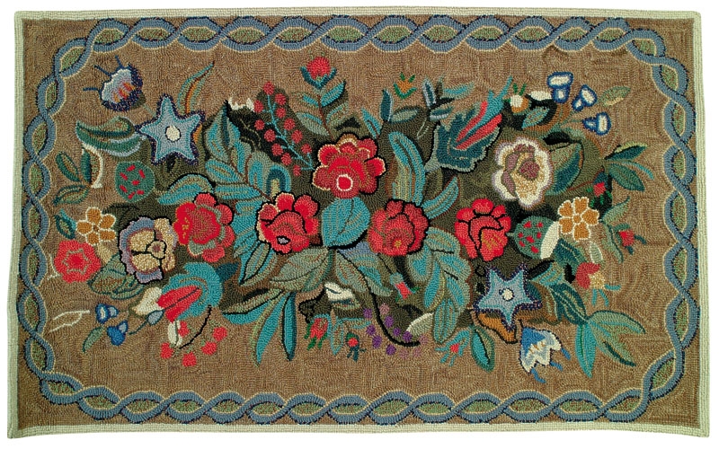 Area Rug Black Field Floral Bouquet Hand Hooked Wool Cottagecore