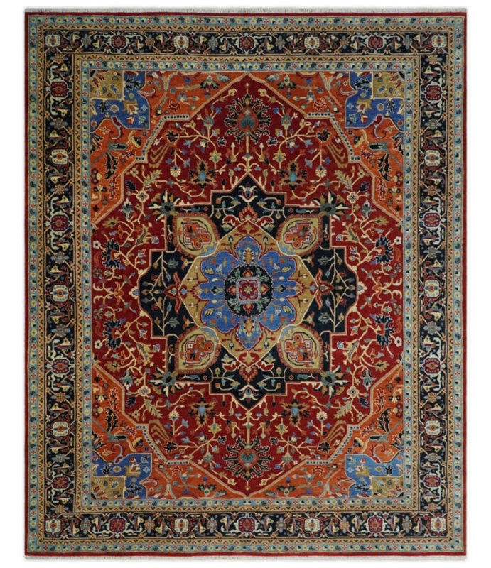 Area Rug Black Ground Traditional Serapi Design Rust Hand-Knotted