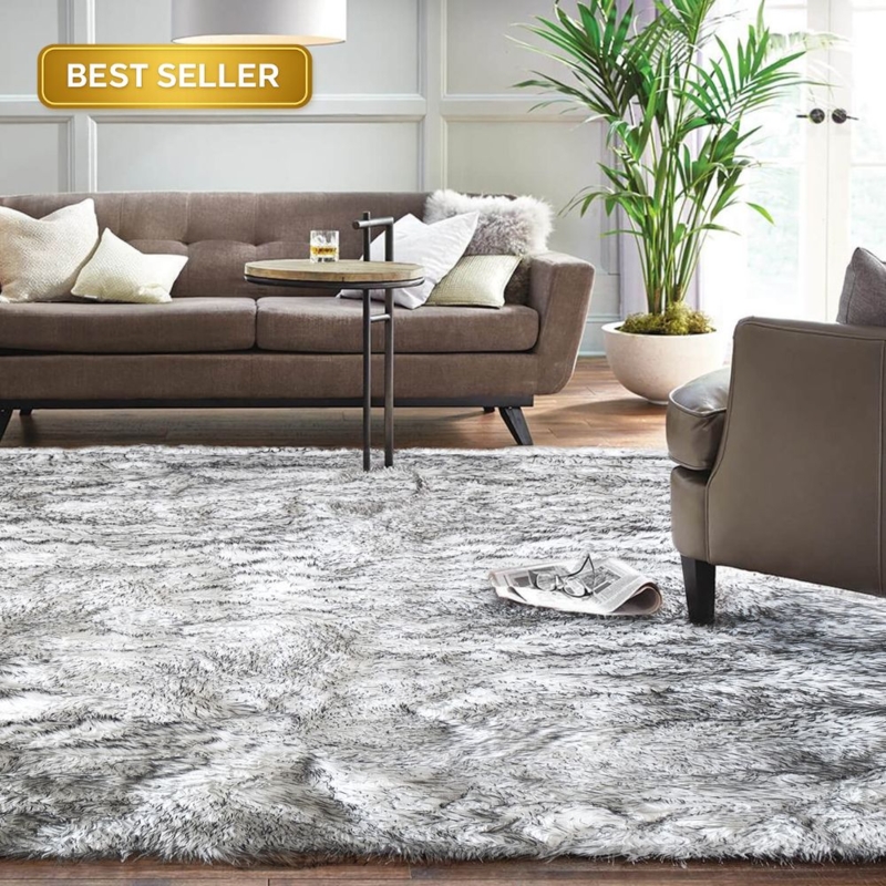 Area Rug Black Mottled Pattern Faux Fur Sheepskin Shape Shag Pile