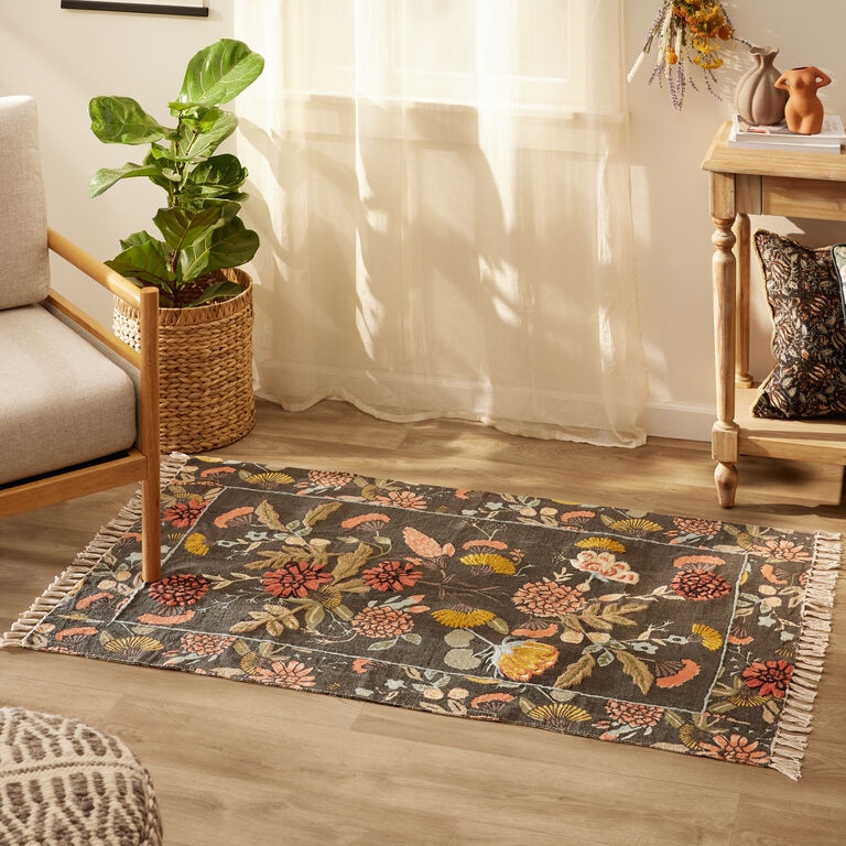 Area Rug Black Sage Botanical Embroidered Look Floral Eclectic
