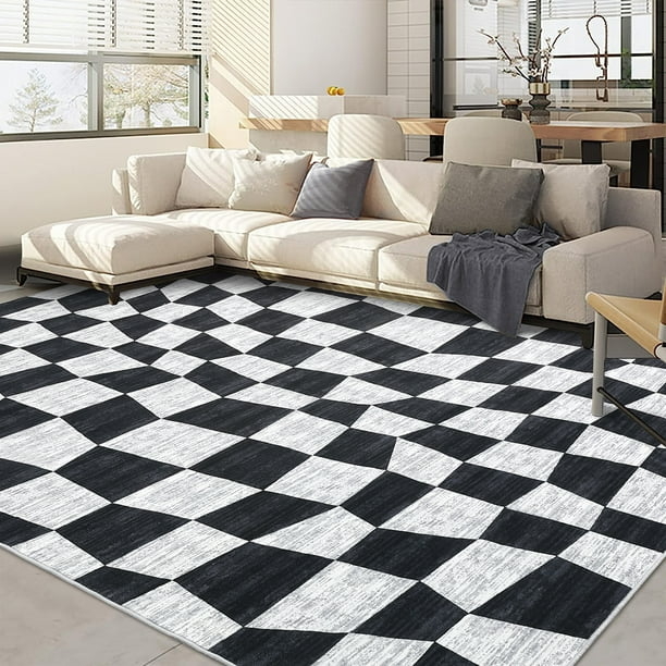 Area Rug: Black White Gray Flat Weave Large Scale High Contrast Grid
