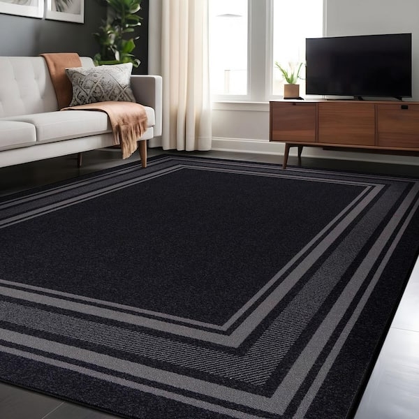Area Rug, Black with Tan Bordered Design, Low Profile Transitional