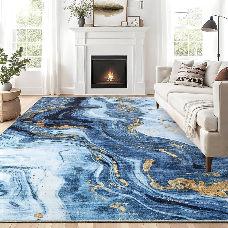 Area Rug: Blue Cream Abstract Watercolor Pattern Low Pile Contemporary