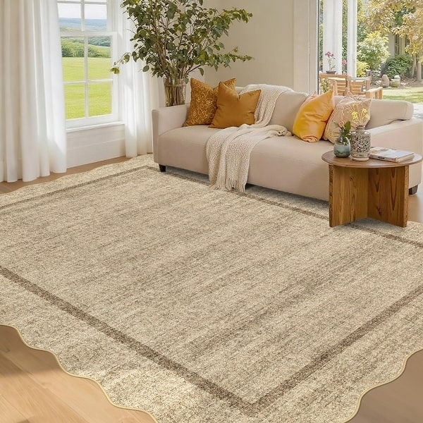 Area Rug Blue Distressed Geometric Scalloped Edge Modern Farmhouse