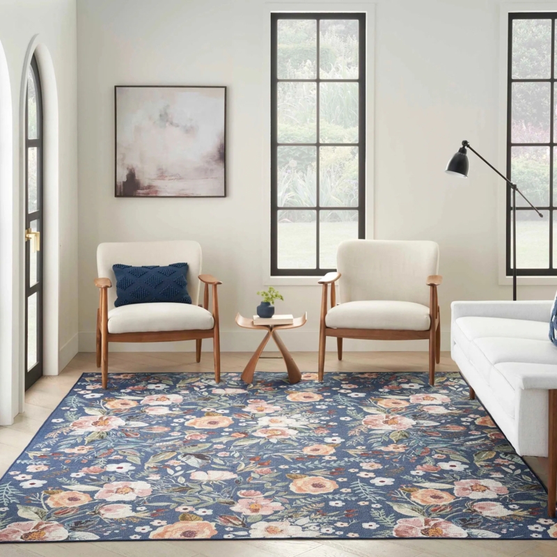 Area Rug Blue Floral Pattern Traditional Scrollwork Cream Low Pile